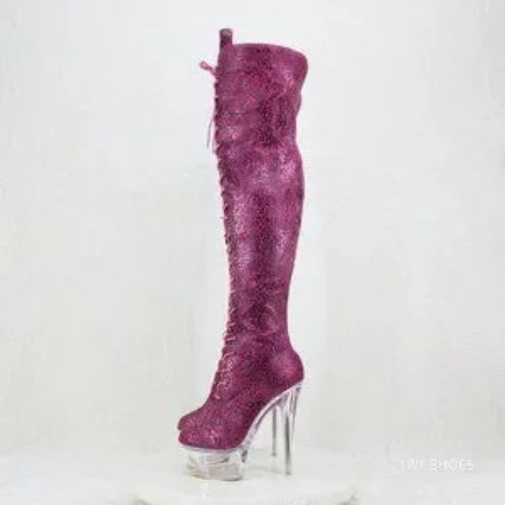 Bulls Fuchsia Purple Leopard Glitter OTK High Clear Platform Boots